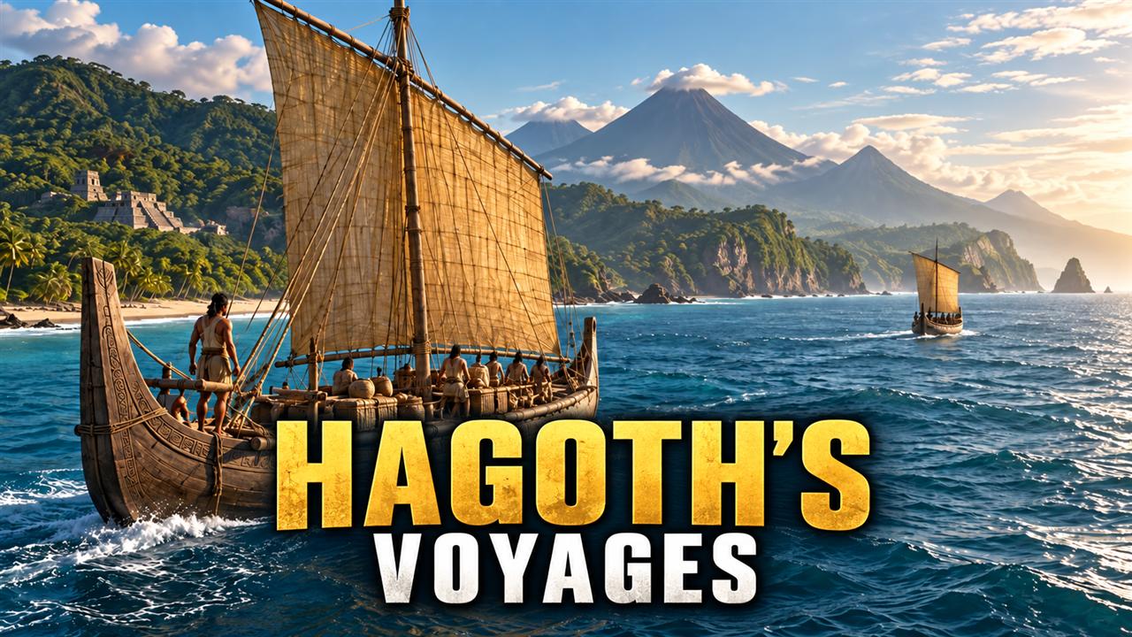 Illustration of wooden sailing vessels exploring a lush Mesoamerican coast during Hagoth's voyages.