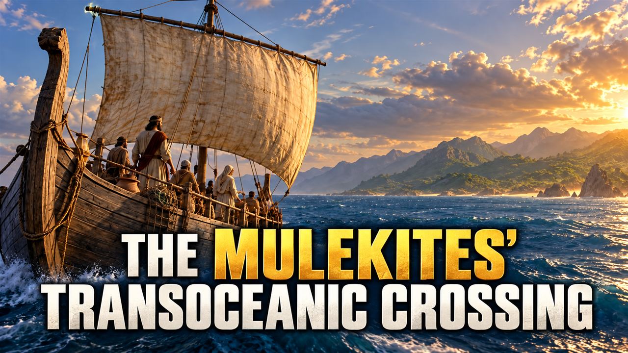 Illustration of an ancient sailing vessel approaching land during the Mulekites' crossing.